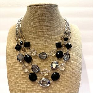White House Black Market Necklace silver layered w/ silver & clear glass, black